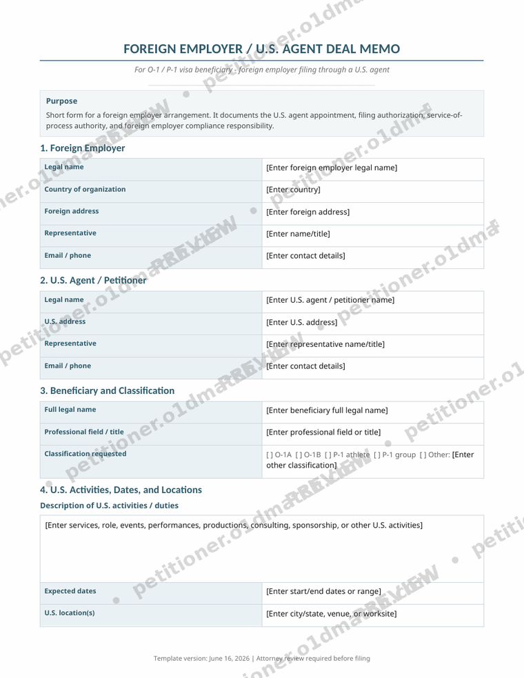 Watermarked first-page preview of the Foreign-Employer Agent Deal Memo template