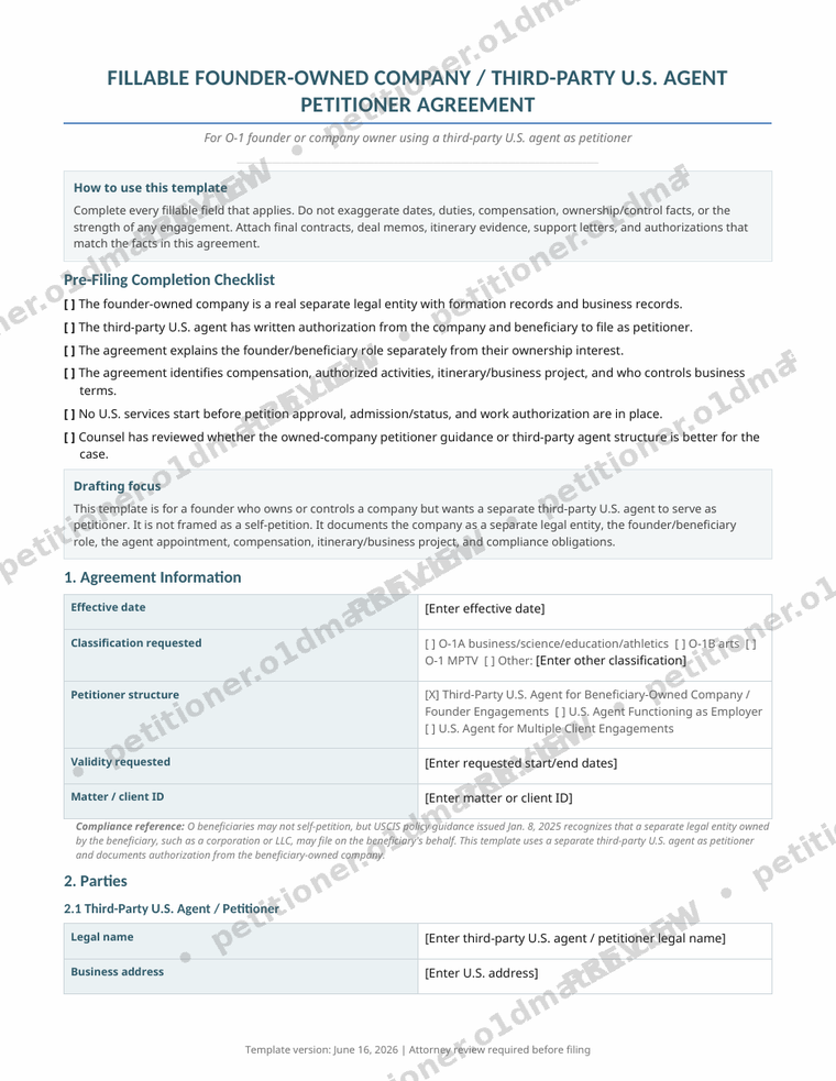 Watermarked first-page preview of the Founder-Owned-Company Third-Party-Agent O-1 Agreement
